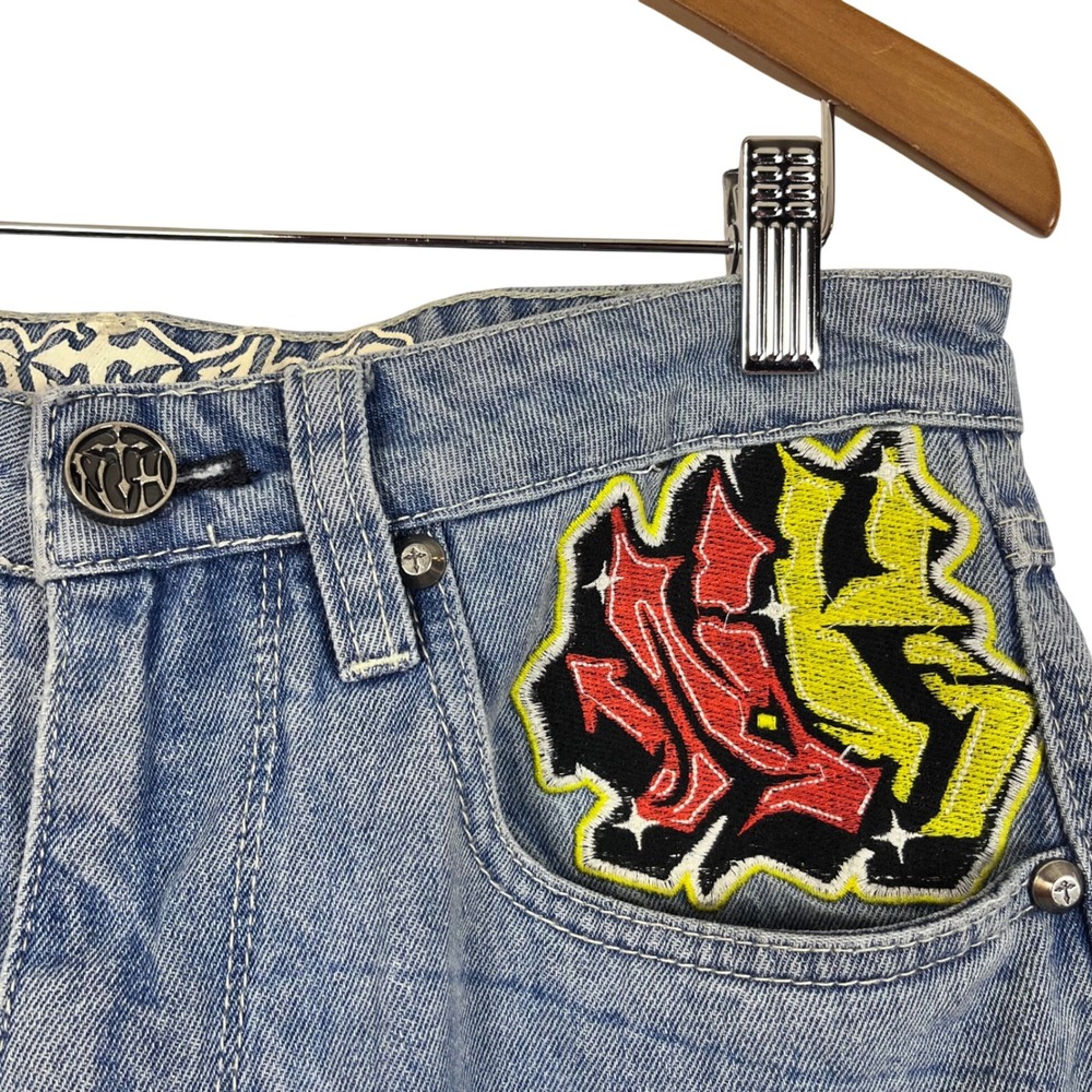 Ambush Embroidered Dragon Graffiti Baggy Jeans Blue Acid Wash Size‎ 30 (P740) - Picture 6 of 9